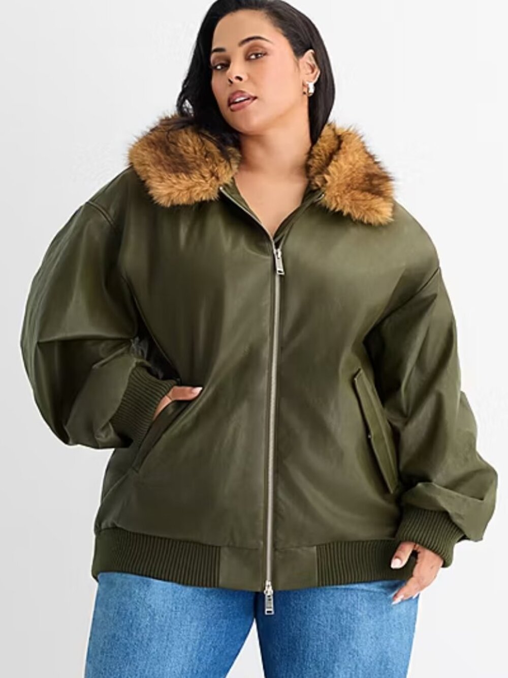 Bomber Coat 5X Olive Green Faux Leather/Fur Hood Oversized Fit Jacket Plus Size